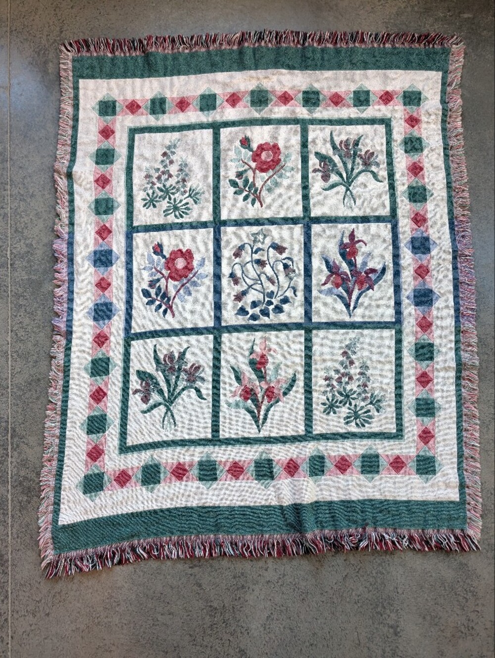 VTG 1990s LL Bean %100 COTTON Woven Knit Tapestry Throw Blanket Floral Fringe